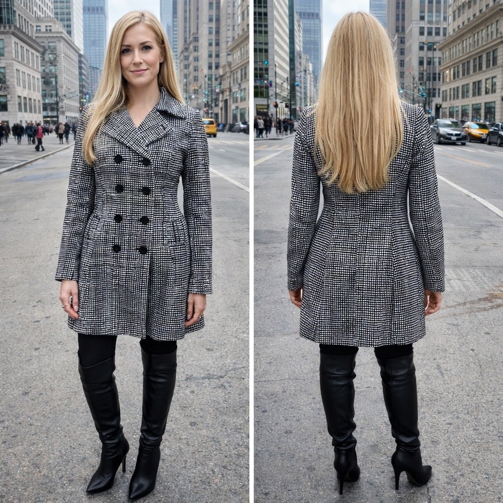 Express Womens Black White‎ Grid Print Double Breasted Peacoat Trench Jacket M
